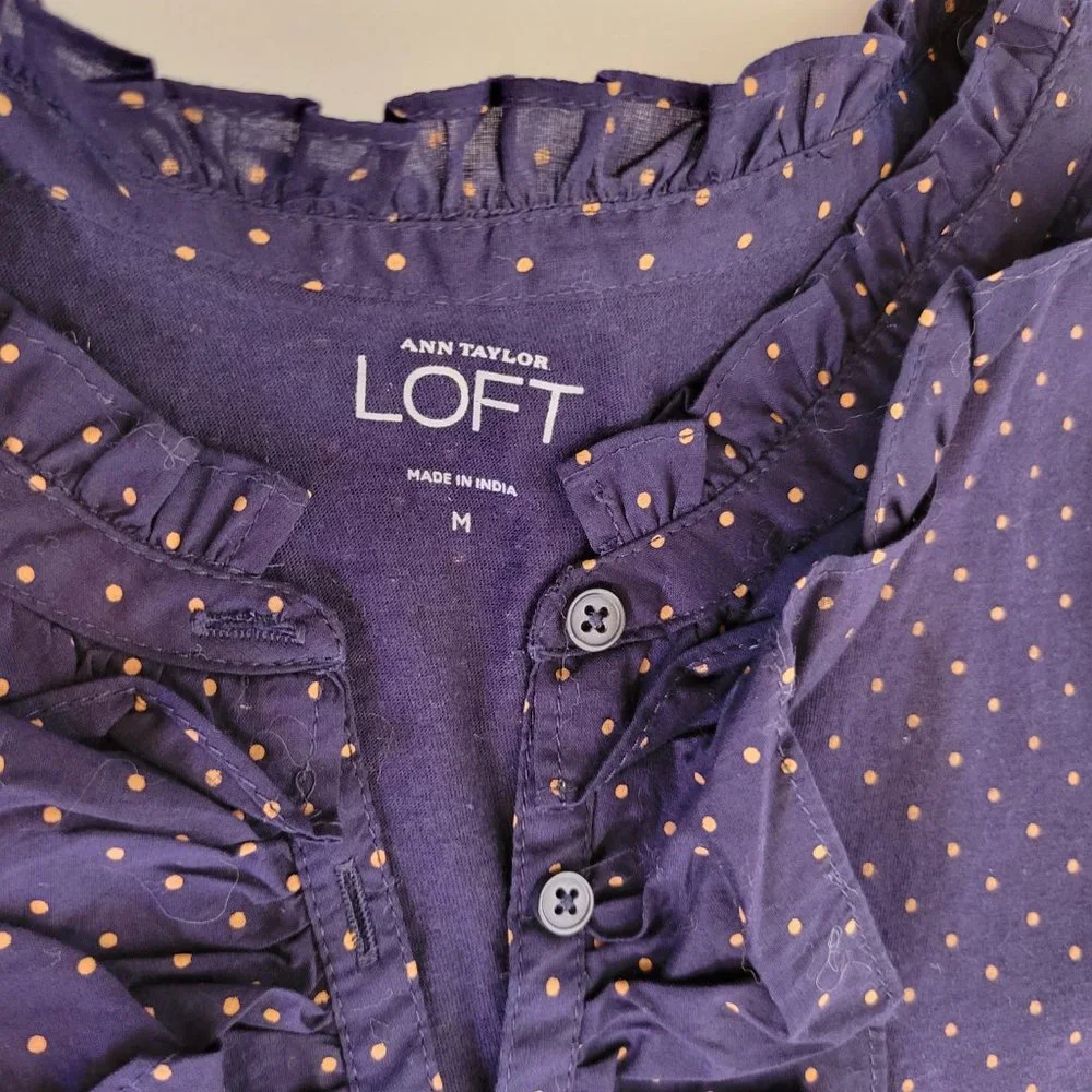 LOFT Navy Poka Dot Ruffle Neck LS Top, Size M, NWOT - Picture 4 of 11